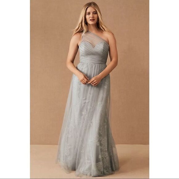 NEW BHLDN Anthropologie Hayley Paige Phoebe One Shoulder Maxi Wedding Dress SZ 4 - Picture 1 of 6